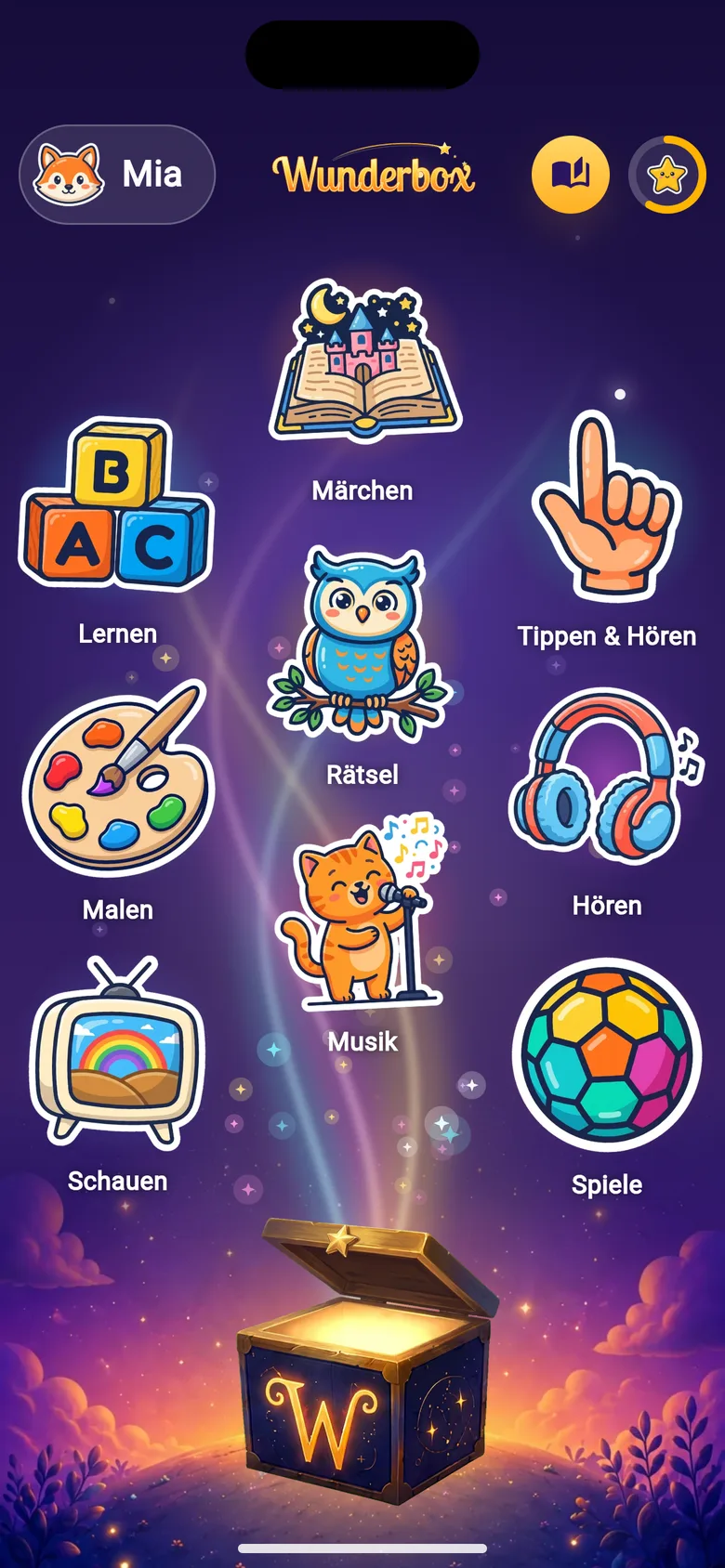Startseite: die Wunderbox auf der Wiese, die Bereiche als Sticker